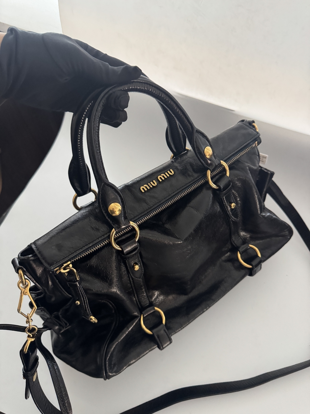 Authentic Miu Miu Vitello Shine Lux 2Way Black Leather Top-Handle Satchel